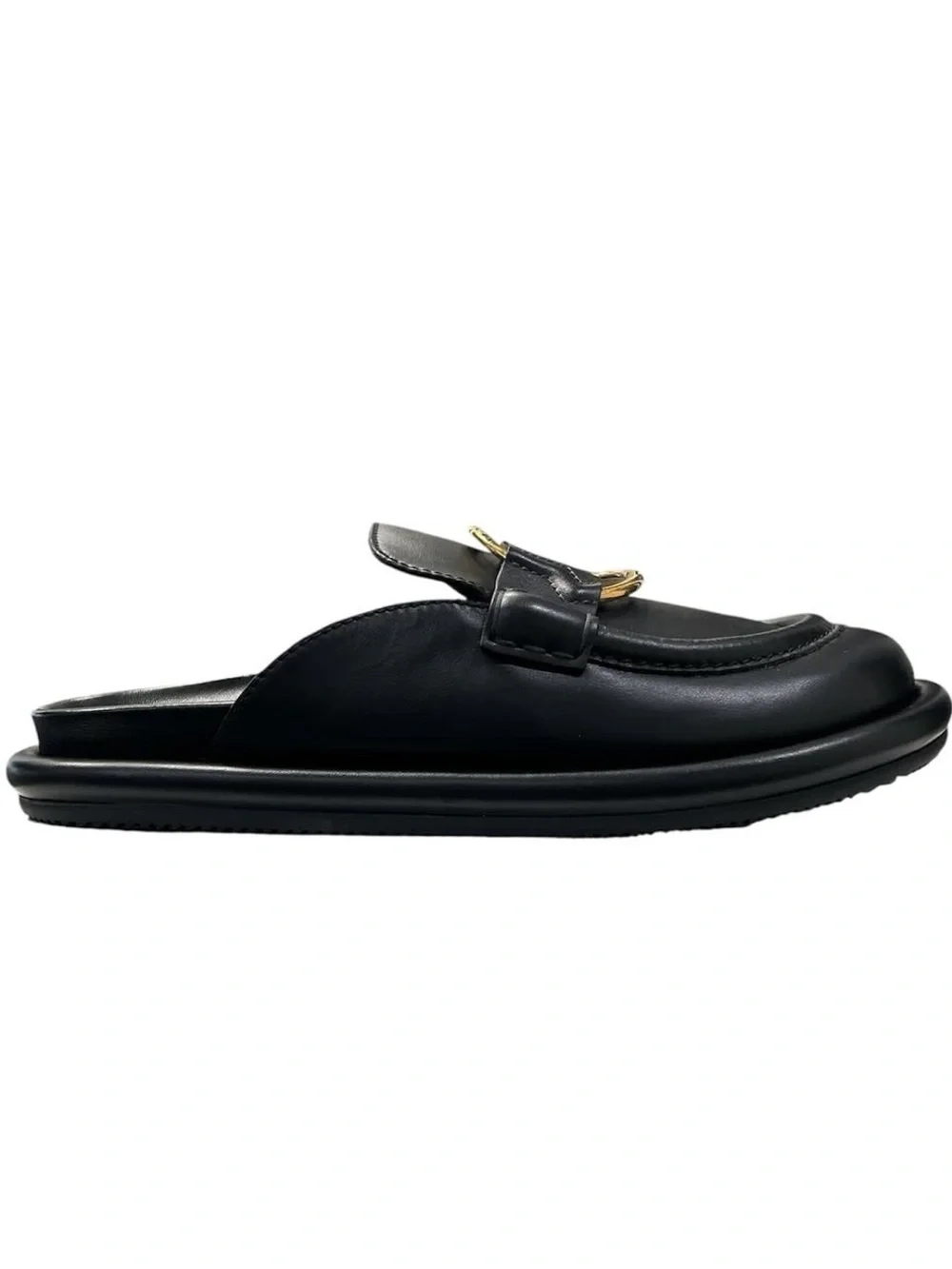 Moncler Bell Mule Black Leather Slip-On Mules with Gold Ring Accent - Picture 5 of 7